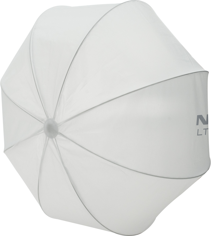 800q-01_118861 NANLITE Lantern Softbox LT-80-QR-FD näkyy ylhäältäpäin, ja siinä on sen läpikuultava valkoinen materiaali, näkyvät metallikylkiluut ja keskuskeskiö.