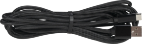 800q-01_118863 NANLITE USB-USB-C 3m -liitäntäkaapeli on musta punottu kaapeli, jossa on USB-A- ja USB-C-liitin, siististi kierrettynä ja keskellä on pieni musta hihna.