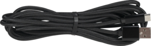 NANLITE USB-USB-C 3m -liitäntäkaapeli on musta punottu kaapeli, jossa on USB-A- ja USB-C-liitin, siististi kierrettynä ja keskellä on pieni musta hihna.