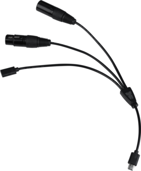800q-01_118876 The NANLITE USB-C to DMX Cable Splitter merges into a single cable with a USB-C connector at one end, split into three connectors: two XLR connectors and one smaller barrel-type connector.