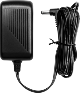 800q-01_118930 NANLITE-virtalähde 7,5V 2A on musta verkkolaite, jossa on uurrettu sivu ja pitkä musta kaapeli, jossa on suorakulmainen tynnyriliitin.