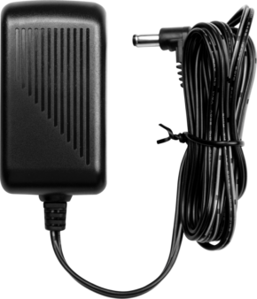 800q-01_118930 NANLITE-virtalähde 7,5V 2A on musta verkkolaite, jossa on uurrettu sivu ja pitkä musta kaapeli, jossa on suorakulmainen tynnyriliitin.