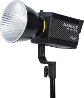 800q-01_119721 The NANLITE Forza 150B LED Bi-color Spot Light with large reflector is mounted on a black stand and displayed against a white background.
