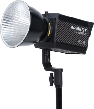 The NANLITE Forza 150B LED Bi-color Spot Light with large reflector is mounted on a black stand and displayed against a white background.