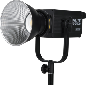 800q-01_119722 Black professional studio video/photography LED light with large reflector with U-shaped bracket and stand, labeled NANLITE FS-300B LED Bi-color Spot Light LED light.