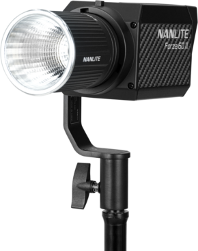 800q-01_121071 The NANLITE Forza 60 II LED spotlight is mounted on a black stand with a textured body and a large, round front diffuser.