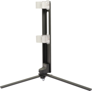 800q-01_121378 The NANLITE Floor Stand for Tube Light T12 is a black vertical stand with two transparent holders and wide feet designed to hold tube lights upright. Shown against a white background.