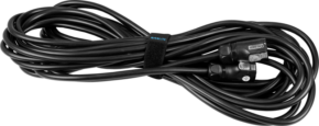 800q-01_121933 NANLITE 8 Pin DC Connection Cable 12m for Forza 720/720B on pitkä musta kaapeli, joka on siististi kääritty ja kiinnitetty mustalla tarranauhalla ja jossa on liittimet molemmissa päissä.