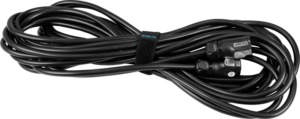 800q-01_121933 NANLITE 8 Pin DC Connection Cable 12m for Forza 720/720B on pitkä musta kaapeli, joka on siististi kääritty ja kiinnitetty mustalla tarranauhalla ja jossa on liittimet molemmissa päissä.