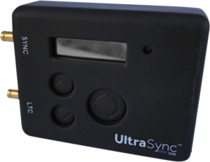 800q-01_121984 Black ATOMOS silicone case with Velcro-fastened flip side, designed to fit the UltraSync ONE with a snug fit for the display, buttons, SYNC and LTC ports and the UltraSync logo in white and blue.