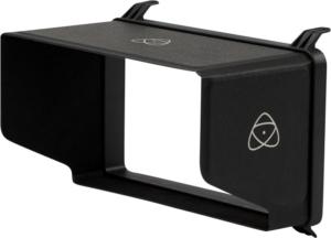 800q-01_121991 The ATOMOS AtomX Sunhood for Shogun 7 is a black rectangular camera monitor hood with side panels, an open middle section and a white atomic logo on the top and sides.