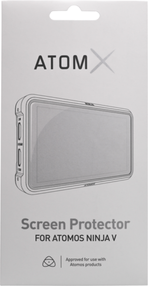800q-01_121992 Kit for the ATOMOS AtomX screen protector for Ninja V / V+, with a line drawing of the protector and text confirming compatibility with Atomos products.