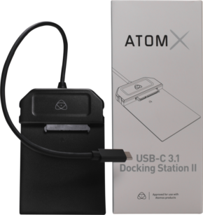 800q-01_121993 The black ATOMOS AtomX USB-C 3.1 Powered Docking Station with cable is shown next to the packaging with the brand name and picture.