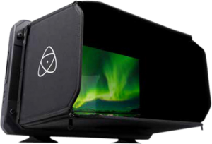 800q-01_121998 ATOMOS aura cover for 19" Sumo / Sumo SE screen protector, pictured in black with the logo of the three intersecting ellipses, suitable for screens with vivid green aurora lights on the screen.