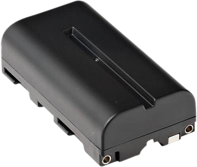 800q-01_122000 ATOMOS 2600mAh 2-kennoinen NP-570 N.L -sarjan akku on musta, suorakulmainen akku, jossa on pyöristetyt reunat ja metallikontaktit toisessa päässä.