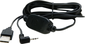 800q-01_122003 X-Rite i1DisplayPro -laitteessa käytettävässä ATOMOS-USB-sarjaliitäntäisessä 2 metrin kalibrointikaapelissa on musta kierre, jossa on USB-liitin, 3,5 mm:n suorakulmainen 3,5 mm:n liitin ja inline-ohjausmoduuli.