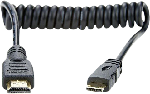 800q-01_122005 ATOMOS Coiled - Mini to Full HDMI 30cm -kaapeli on kuvassa käärittynä, ja siinä on tavallinen HDMI-liitin toisessa päässä ja mini HDMI-liitin toisessa päässä, jotka molemmat näkyvät selvästi valkoista taustaa vasten.