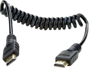 ATOMOS Coiled - Full to Full HDMI 30cm on musta HDMI-kaapeli, jossa on urosliittimet molemmissa päissä ja joka näkyy tavallisella taustalla.
