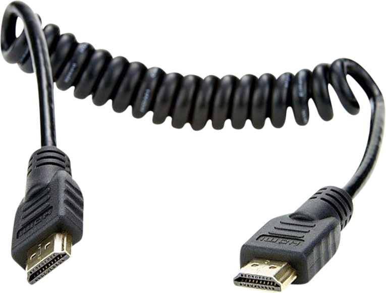 800q-01_122007 ATOMOS Coiled - Full to Full HDMI 30cm on musta HDMI-kaapeli, jossa on urosliittimet molemmissa päissä ja joka näkyy tavallisella taustalla.