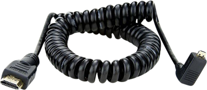 800q-01_122010 ATOMOS Coiled - Right Angle Micro to Full HDMI 50cm -kaapelissa on musta kelattu malli, jossa on tavallinen HDMI-liitin toisessa päässä ja suorakulmainen mikro-HDMI-liitin toisessa päässä valkoista taustaa vasten.