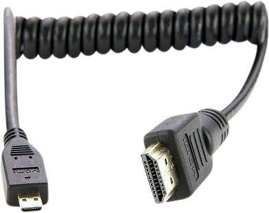 800q-01_122012 ATOMOS Coiled - Micro to Full HDMI 30 cm:n mustassa ja kelatussa 30 cm:n kaapelissa on toisessa päässä täysikokoinen HDMI-liitin ja toisessa päässä mikro-HDMI-liitin, joka näkyy valkoista taustaa vasten.
