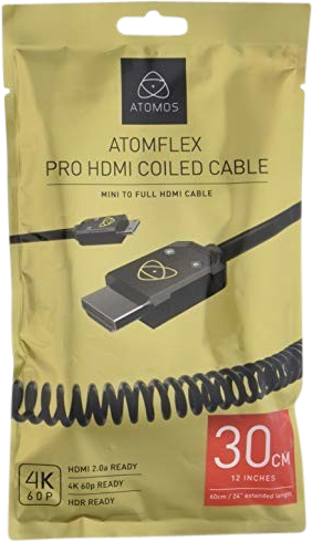 800q-01_122018 HDMI 4K60p Mini to Full 30cm -kaapelin kultaisessa ja mustassa vähittäismyyntipakkauksessa on kuva kelatusta kaapelista ja teksti, jossa korostetaan sen 30 cm:n pituutta, 4K-tukea, HDMI 2.0a -yhteensopivuutta ja HDR-valmiutta.