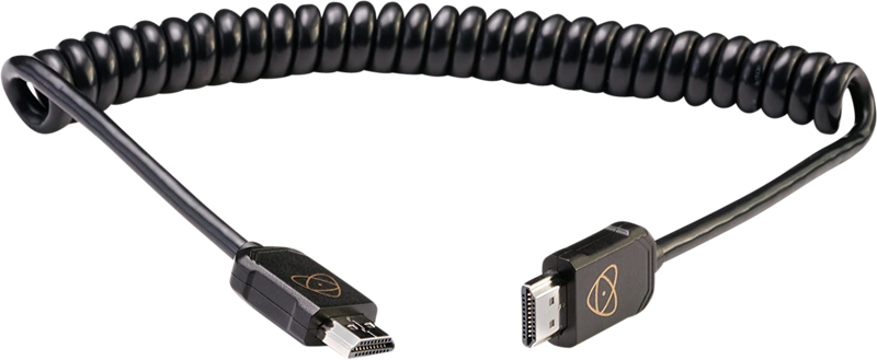 800q-01_122021 ATOMOS HDMI 4K60p Full to Full 40cm on musta kierretty HDMI-kaapeli, jossa on kullatut HDMI-standardiliittimet ja merkkilogot molemmissa pistokkeissa.