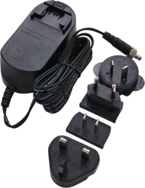 800q-01_122025 The ATOMOS Atomos lockable AC adaptor, pictured in black with cable and plug, includes four interchangeable plug brackets compatible with various international socket types.