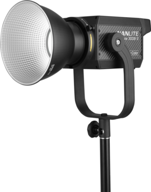 800q-01_122028 The NANLITE Forza 300B II Bicolor LED Spot (LED light) features a large reflector dish, black adjustable stand and digital control panel, making it a professional studio lighting solution.