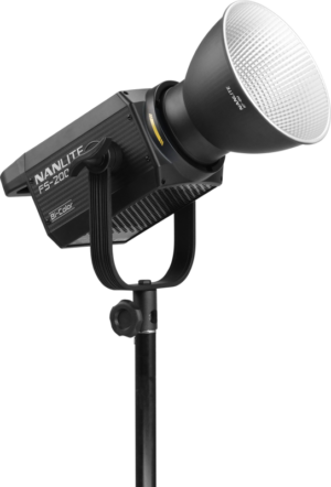 800q-01_122029 NANLITE FS-200B Two-colour LED spotlight mounted on a black stand, facing upwards, with a large silver reflector and ventilated housing.