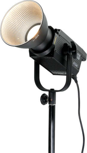 800q-01_122030 The NANLITE FS-150B Bi-Color LED Spot Light features a reflector and stand against a white background, and is plugged into a power cord - ideal for professional photography or videography.