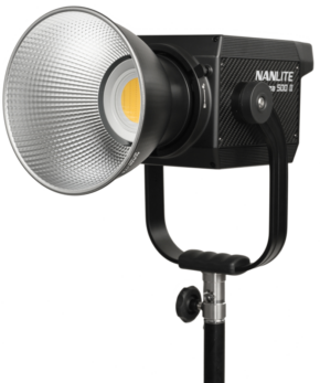 800q-01_123172 The NANLITE Forza 500 II Daylight LED Spot Light features a large reflector on a black adjustable base against a white background.