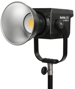 800q-01_123172 The NANLITE Forza 500 II Daylight LED Spot Light features a large reflector on a black adjustable base against a white background.
