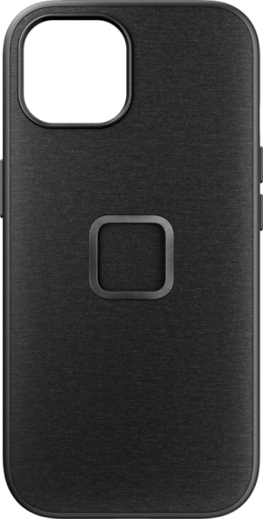 800q-01_125190 Peak Design Mobile Everyday Case for iPhone 15 in Charcoal on musta, sileäpintainen kotelo, jossa on neliön muotoinen korotettu alue keskellä ja suuri vasemmassa yläkulmassa oleva kamera-aukko.