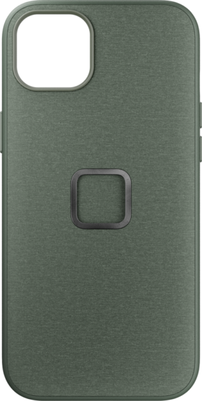 Peak Design Mobile Everyday -kotelossa iPhone 15 Plus -puhelimelle, väri Sage, on vihreä muotoilu, jossa on suorakulmainen kameraleikkaus vasemmalla ylhäällä ja pieni musta neliön muotoinen yksityiskohta keskellä.