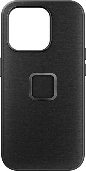 The Peak Design Mobile Everyday Case for iPhone 15 Pro features a charcoal-coloured case with a large camera opening in the top left corner and a square raised ring in the middle for extra support or attaching accessories.