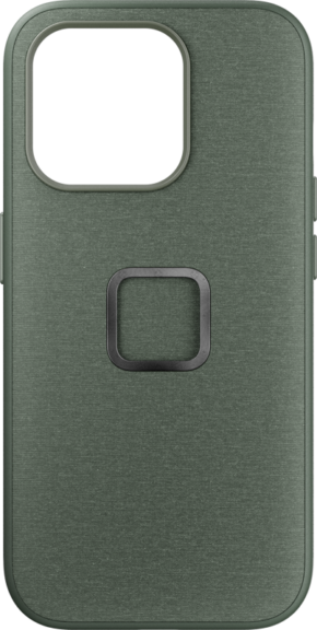 Peak Design Mobile Everyday Case iPhone 15 Pro v2 in Sage on vihreä kotelo, jossa on suuri suorakulmainen kamera-aukko, musta neliönmuotoinen rengas takana ja kuvioitu, kangasmainen viimeistely.