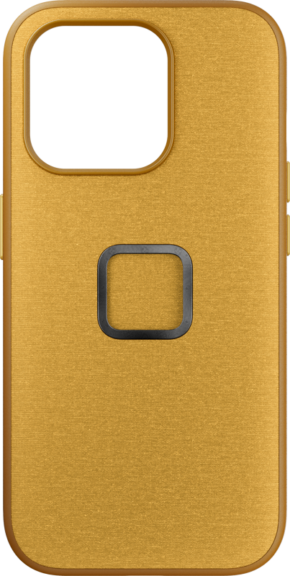 800q-01_125204 Peak Design Mobile Everyday Case iPhone 15 Pro v2 - Sun on kultainen kotelo, jossa on kuvioitu viimeistely, suuri suorakulmainen kamera-aukko yläreunassa ja keskellä keskitetty musta neliö ääriviivat keskellä.