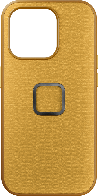 800q-01_125204 Peak Design Mobile Everyday Case iPhone 15 Pro v2 - Sun on kultainen kotelo, jossa on kuvioitu viimeistely, suuri suorakulmainen kamera-aukko yläreunassa ja keskellä keskitetty musta neliö ääriviivat keskellä.