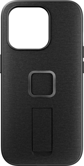 800q-01_125205 The Peak Design Mobile Everyday Loop case for iPhone 15 Pro in charcoal features a textured black finish, a large rectangular camera opening at the top and a square ring base in the middle for added comfort.