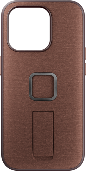 800q-01_125206 The Peak Design Mobile Everyday Loop case for the iPhone 15 Pro, in Redwood, features a textured brown finish, a rectangular camera cut-out, a square metal ring in the centre and an integrated stand beneath the ring.