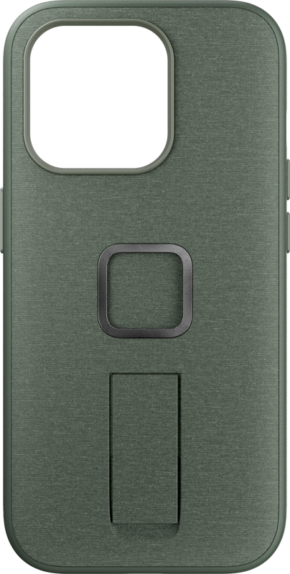 Peak Design Mobile Everyday Loop -kotelossa iPhone 15 Pro -puhelimelle, väri Sage, on vihreä muotoilu, suorakulmainen kamera-aukko, neliönmuotoinen magneettinen keskirengas ja sisäänrakennettu suorakulmainen jalusta renkaan alapuolella.