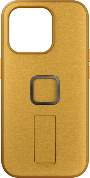 800q-01_125209 Peak Design Mobile Everyday Loop Case iPhone 15 Pro v2 - Sun -suojakotelossa on kultainen viimeistely, suuri suorakulmainen kameran aukko, neliön muotoinen metallirengas keskellä ja suorakulmainen jalusta renkaan alla.