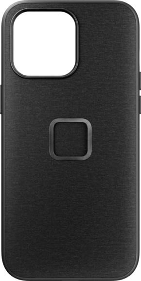 Peak Design Mobile Everyday Case iPhone 15 Pro Max v2, hiilenvärinen, sileä, mattamusta viimeistely, jossa on suuri suorakulmainen kamera-aukko vasemmalla ylhäällä ja neliönmuotoinen syvennys keskellä.