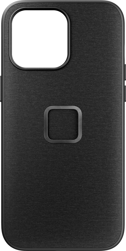 800q-01_125210 Peak Design Mobile Everyday Case iPhone 15 Pro Max v2, hiilenvärinen, sileä, mattamusta viimeistely, jossa on suuri suorakulmainen kamera-aukko vasemmalla ylhäällä ja neliönmuotoinen syvennys keskellä.