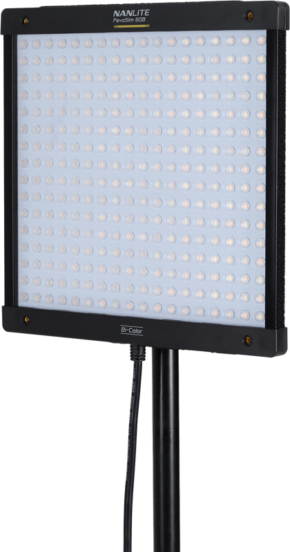 800q-01_126437 The NANLITE PavoSlim 60B LED panel is a rectangular LED light mounted on a black base with a network of small lamps and a power cord connected to the bottom.