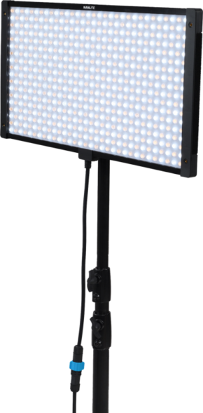 800q-01_126438 The NANLITE Pavoslim 120B LED panel is a rectangular light on a black base with a network of small LEDs and a power cord connected to the side.