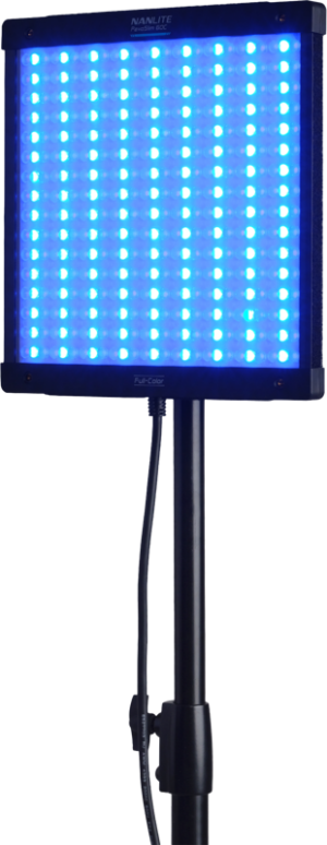 800q-01_126439 The NANLITE PavoSlim 60C RGBWW LED panel emits a bright blue light when mounted on a black adjustable stand with the power cord hanging down.