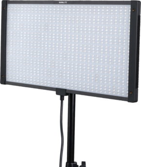 800q-01_126440 The NANLITE PavoSlim 120C RGBWW LED panel is a rectangular LED luminaire with a black bezel mounted on a stand with a grid of small LEDs and a hanging power cord.