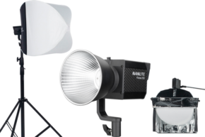 800q-01_126602 NANLITE Forza 150 & Lantern softbox 60cm (FM Mount) LED light kit includes a main light with lantern softbox, large spotlight and small LED with reflector, all against a white background.